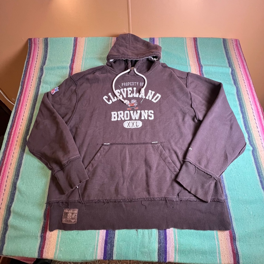 Reebok Hoodie Mens 2XL Brown NFL Vintage Cleveland Browns Distressed Pullover